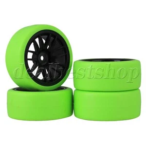 4pcs/Lot RC1:10 On Road Car 14Spoke Black Wheel Rim+Green Drift Smooth Tyre - Picture 1 of 9