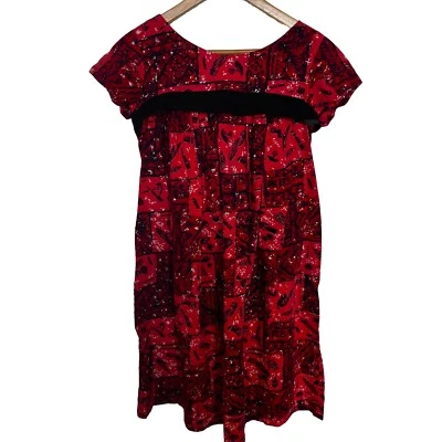 Vestido Real Hawaiano Vintage Años 60 70, Muumuu Rojo Negro Cinturón Foto 1 de 4