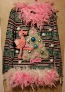 FLAMINGO Ugly Christmas Sweater Tinsel Feathers Pom Ornaments  Stand Out  XS - Picture 1 of 6