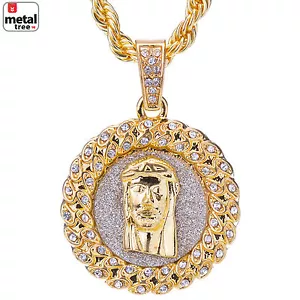 Para hombres Hip Hop Chapado en Oro Jesús Helado Colgante Redondo 24" Cadena Cuerda HC 118 G - Imagen 1 de 4