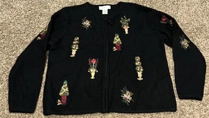 Susan Bristol 2001 Christmas Embroider Full Zip Sweater Women’s XL Black A20 - Picture 1 of 4