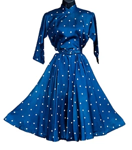 Vintage 1950s blue polka dot dress navy white fit flare midi satin 3/4 sleeve XS - Picture 1 of 14