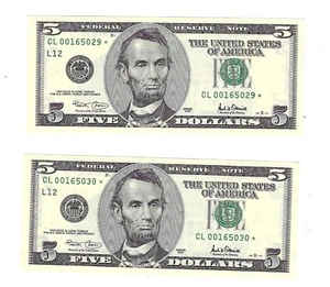 $5 2001 Federal Reserve Notes Choice/Gem Consecutive⭐STAR NOTE Fr#1989-L* - Picture 1 of 2