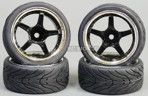 RC 1/10 Street WHEELS TIRES Package 3MM Offset BLACK 5 STAR W/ CHROME LIP (4PCS) - Picture 1 of 4