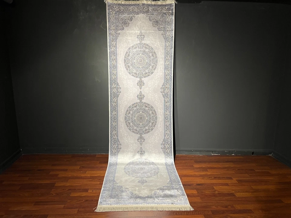 3x10 ft Gray Beige Turkish Silk Runner Rug – Natural Oriental Entryway Rug - Image 1 of 4