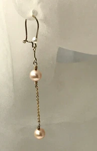  PASTEL  PINK CULTURED PEARL LONG DANGLE  EARRINGS - 14k YLO. GOLD TOPS - Picture 1 of 2