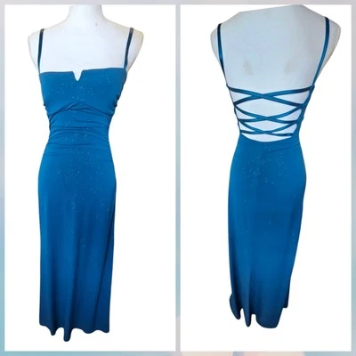 Y2K Womens Babydoll Long Prom Dress Glitter Sparkle Teal Blue Strappy Back Sz S - Image 1 of 4