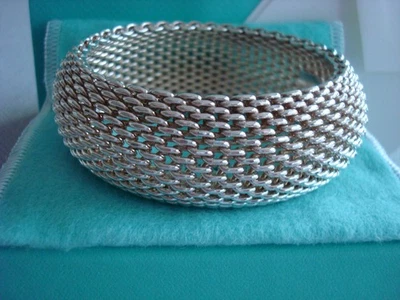 TIFFANY STERLING SILVER ~ SOMERSET MESH BANGLE CUFF EXTRA WIDE 1 1/4" box, pouch - Image 1 of 4