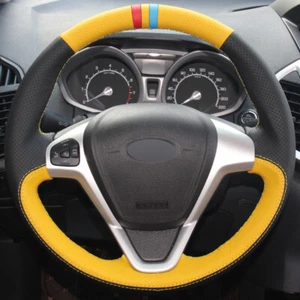 Yellow Black Leather Car Steering Wheel Cover for Ford Fiesta Ecosport - Picture 1 of 9
