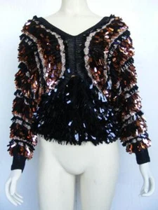 Colleen Toland Pullover zottelig baumelnde Pailletten tragbar Kunst handgestrickt Statement - Bild 1 von 8