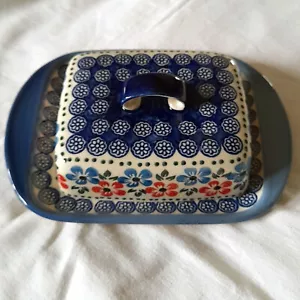Butterdose Porzellan Grundton blau mit mehrfarbigem Muster WIZA handmade Polen - Bild 1 von 4