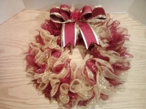 Beautiful 16 Inch Burgundy, and Gold Deco Mesh Wreath. - Picture 1 of 4