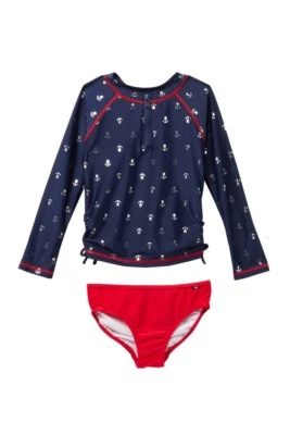 Nautica 2T 2 件装长袖红色蓝色锚防护背心泳装套装 — 第 1/4 张图片