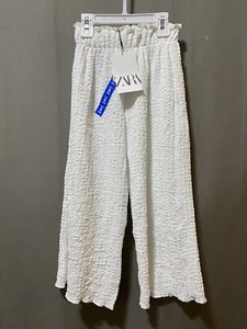 NWT ZARA Girl Elastic Waist Lettuce Hem Crinkle Jersey Wide Leg Pants SZ 6 White - Picture 1 of 11