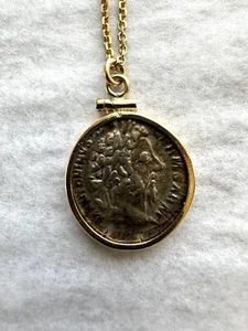 Antique Roman Emperor Marcus Aurelius Coin Pendant & Chain Set in 14k Gold - Picture 1 of 10