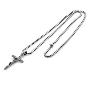 Edelstahl Halskette Figaro Kette 3 mm Anhänger Kreuz Jesus Silber - Picture 1 of 5