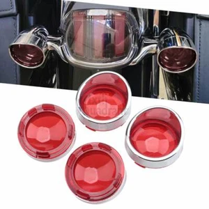 4PCS Red Lens Turn Signal Covers w/Chrome Visors Bezels For Harley Softail Dyna - Picture 1 of 21