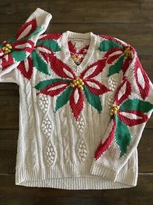 Vintage Pierre Dalby Weihnachtsstern Blume Weihnachten hässlicher Pullover Schulterpolster - Gr. M - LESEN - Bild 1 von 14