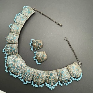 Orecchini clipon collana bavaglino smalto blu turchese argento sterling vintage India - Foto 1 di 11