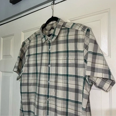 Prana Groveland Jungle Button Up Shirt Plaid Short Sleeve Mens Large Grey Green - Image 1 of 4