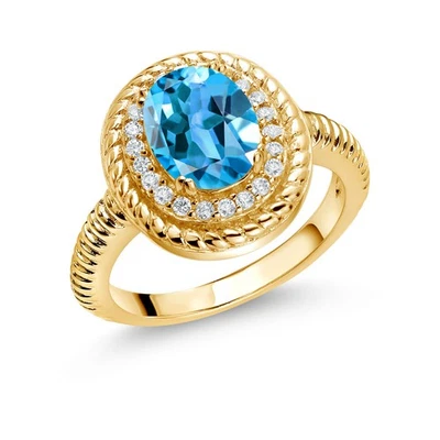 2.51 Ct Oval Swiss Blue Topaz 18K Yellow Gold Plated Silver Halo Engagement Ring - Image 1 of 3
