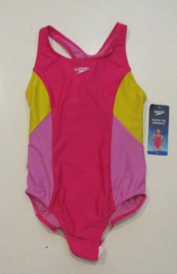 NWT Girls SPEEDO Pink Yellow Color Block 1 Piece Swimwear Swimsuit Sz L - Image 1 of 2