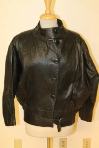 GIACCA PARACADUTE DONNA VINTAGE ANNI 80 PELLE NERA CON CINTURA TAGLIA S - Foto 1 di 7