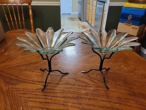 Set Of 2 Recycled Glass Flower Petal Green Bowls w/ Stands Couronne  Spain RARE! - Picture 1 of 7