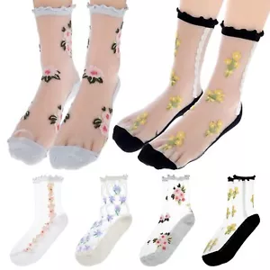 4 Pairs Floral Sheer Socks Women Ankle Fancy Ruffle Mesh Socks Ultrathin Nylo... - Picture 1 of 7