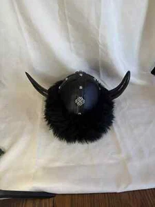 Vintage Black Leather Viking Helmet With Real Horns Beautiful Design - Picture 1 of 9
