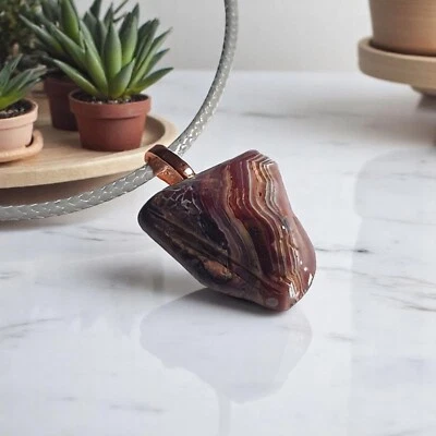 Collar colgante de piedras preciosas de ágata de encaje cordón de cuero gris ajustable de 17" a 19" Foto 1 de 4