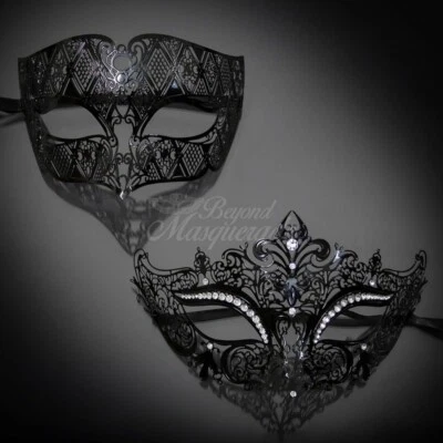 Couple's Elegant Metal Venetian Masquerade Mask - BLACK - Image 1 of 4
