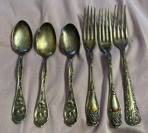 Lot of 6 Antique Silver￼plated ￼ Decorated Fancy Spoons & Forks Silverware - Picture 1 of 17