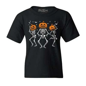 Dancing Jack O'Lantern Skeletons Kids T-Shirt Halloween Pumpkin Shirt - Picture 1 of 3