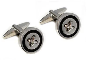 Manschettenknöpfe rund in Knopf Optik silbern schwarz + dunkler Box MK0560 - Bild 1 von 2