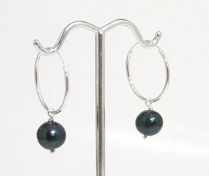 Sterling Silver Hoop Earrings Freshwater Pearls Dyed Black 3/4 inch Diameter - Picture 1 of 4