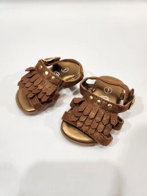 Sandalias Teeny Toes Dorado Marrón Brillante Imitación Cuero Bebé Niña Talla 1 Flecos  Foto 1 de 4