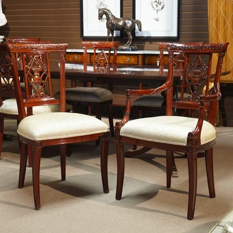 Set of 8 mahogany dining chairs Traditional carved gold upholstery gold leaf Cover
