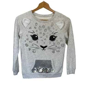 Girls 12 Justice Gray Long Sleeve Cat Face Silver Sequin Glitter Sweatshirt - Picture 1 of 3