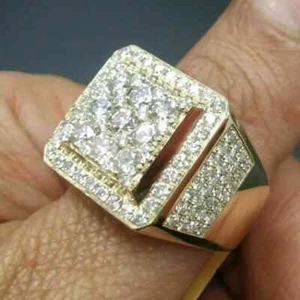 2Ct Round Cut Real Moissanite Men's Band Ring 14K Yellow Gold Plated Silver - Picture 1 of 2
