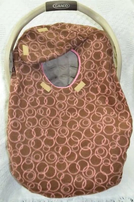 Infant Car Seat Carrier Cover New Handmade Fleece Brown w/ Pink Circles - Image 1 of 2