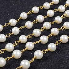 16Ft 5~6mm Round Imitation White Pearl Rosary Beaded Chain Wire Wrapped BJT083