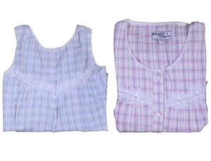 Womens Cotton Seersucker Check Pyjamas Sleeveless Top PJ Bottoms Set Small - Picture 1 of 19