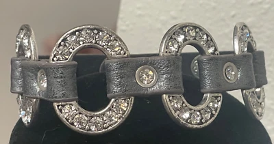 Vintage signed Premier Designs Starlet silver plated circles leather Bracelet MC - Image 1 of 4