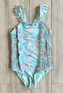 Tommy Bahama Girl’s Teal Pink Flamingo Floral Ruffled Straps Smocked Swimsuit 10 - Picture 1 of 7
