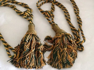 Set of 2 Vintage Elegant Kravet Drapery Tassel Tie Back Green & Yellow Gold - Image 1 of 2