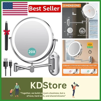 LED Wall Mounted Makeup Mirror 8'' 20X Magnification Dimmable Light Extendable - Image 1 of 4