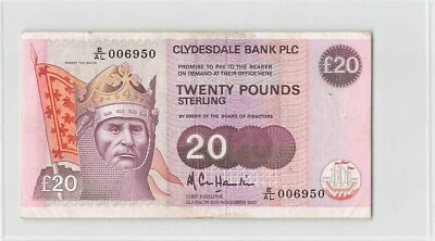 ESCOCIA 20 libras 1990, P-220a, Clydesdale Bank, E/AL 006950, agujeros en muy buen estado. F8 Foto 1 de 2