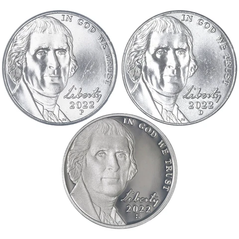 2022 P D S Jefferson Nickel Year Set Proof & BU US 3 Coin Lot Cover