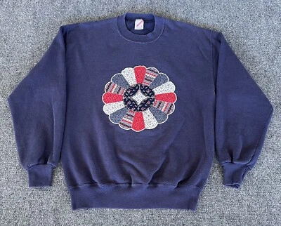 Sudadera Grandmacore De Colección Azul Edredón Parche Cabina Grande Cuello Redondo Pullover Foto 1 de 4